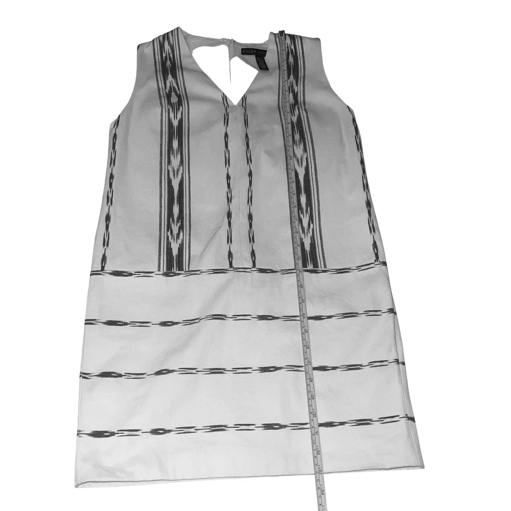 Ralph Lauren White Blue Ikat Stripe Sleeveless V Neck Shift Dress‎ Size 10